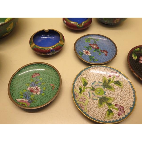 376 - Nine pieces of Cloisonne ware - Largest 17cm diameter - all good, except one bowl which is chipped t... 