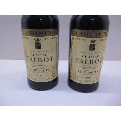 399 - Two bottles of Chateau Talbot Cordier Grand Cru Classe Saint-Julien red wine 1978 - levels slightly ... 