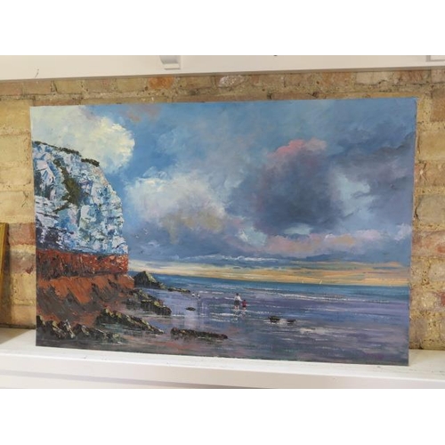 440 - John Rohda oil on board of a Hunstanton beach and cliffs - unframed - 91cm x 61cm