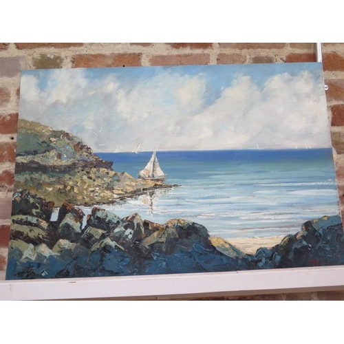 442 - John Rohda oil on board of Devon Seascape unframed - 92cm x 61cm