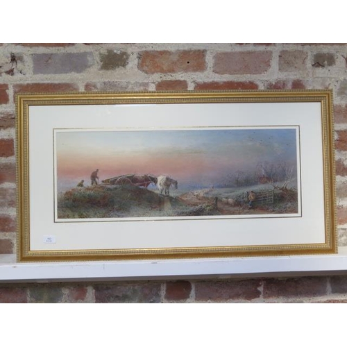 452 - A fine Victorian landscape watercolour of a farming scene featuring a horse and cart, another horse ... 