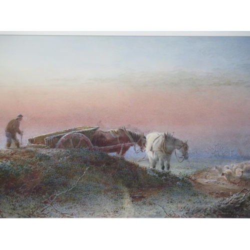 452 - A fine Victorian landscape watercolour of a farming scene featuring a horse and cart, another horse ... 