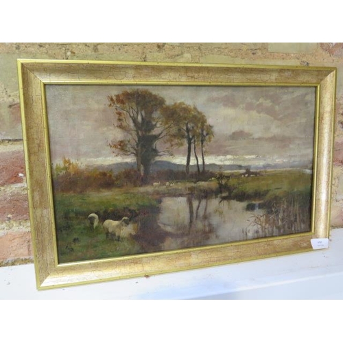 458 - Edwin Bottomley - British 1865c-1929 - Oil on Canvas Black Faced Sheep Grazing Around Pond and Field... 