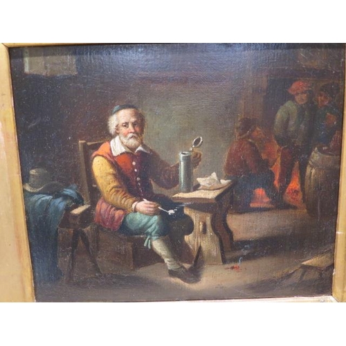 465 - A 19th century oil on canvas of a man drinking in a village inn - in a gilt frame - 40cm x 37cm - ov... 