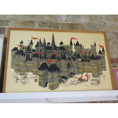 468 - G Gillick coloured print dated 1970 64/75 entitled Walled Town III - frame size 59cm x 92cm - some s... 