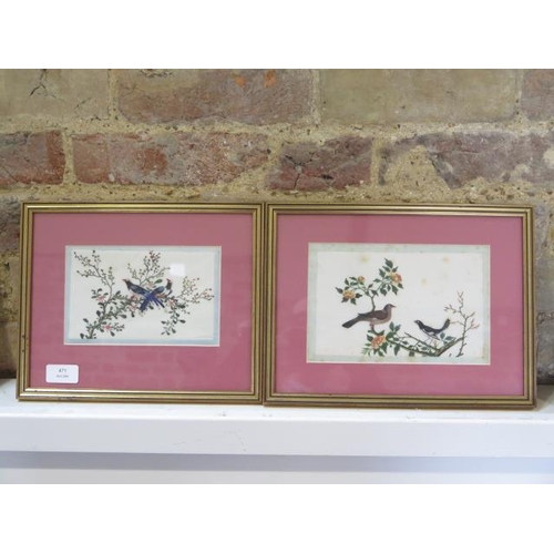 471 - Two Chinese watercolours on silk of birds in gilt frames - frame size 24cm x 29cm - some staining, s... 