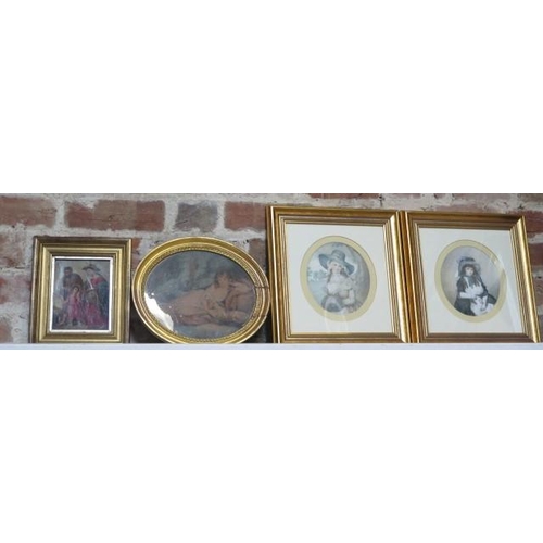 473 - An oil on board possibly Mary and Joseph - frame size 24cm x 20cm and three prints of ladies