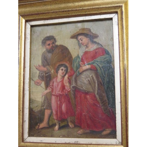 473 - An oil on board possibly Mary and Joseph - frame size 24cm x 20cm and three prints of ladies