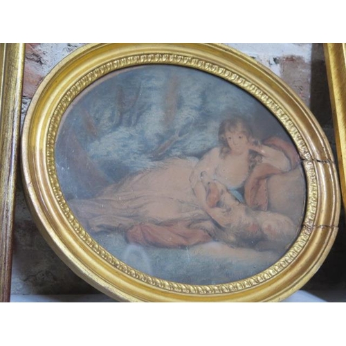 473 - An oil on board possibly Mary and Joseph - frame size 24cm x 20cm and three prints of ladies