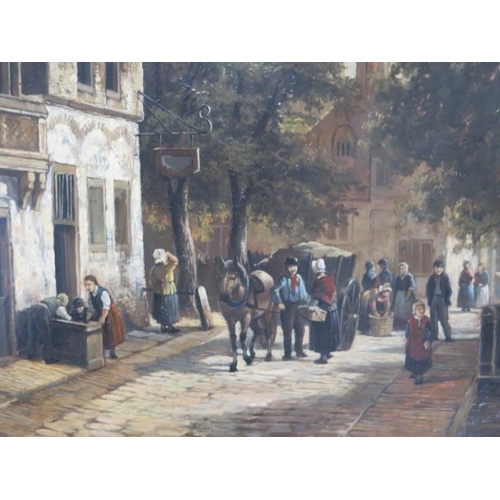 476 - Oil on panel Dutch street scene signed L Dommersen with Louis Dommersen labels verso - frame size 65... 