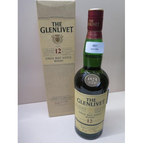 481 - A bottle of Glenlivet single malt whisky 12 year