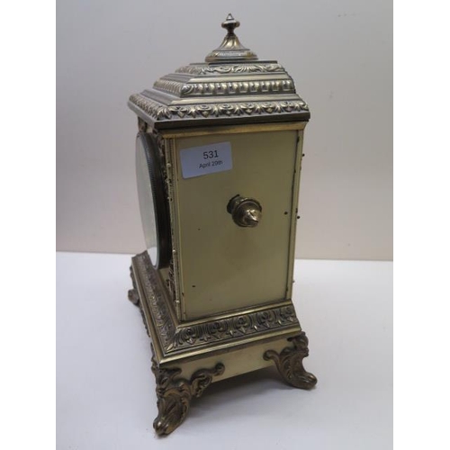 531 - A 19th century 8 day mantle clock with an attractive painted tin and ormolu case striking on a bell ... 