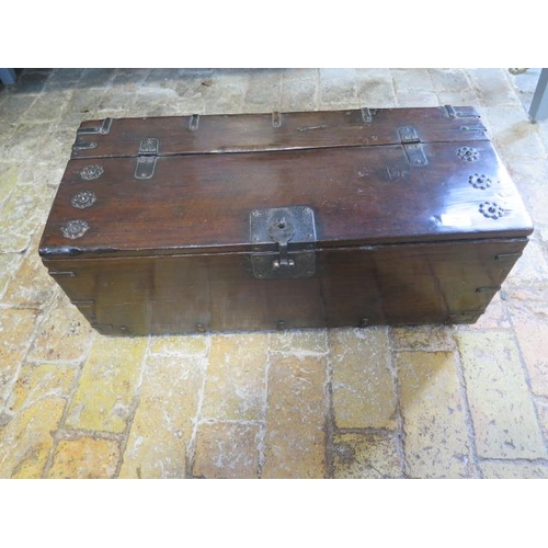 588 - An antique mahogany or walnut box with steel fittings - Width 68cm x Depth 29cm x 29cm - nice patina... 