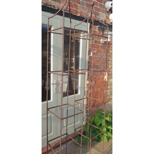 647 - A pair of hand forged wrought iron square section garden obelisks with ball finials - Height 228cm x... 