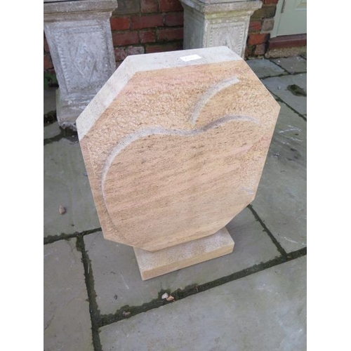 655 - A limestone bas relief carving of an apple with a sparrow pecked background - 45cm x 62cm tall