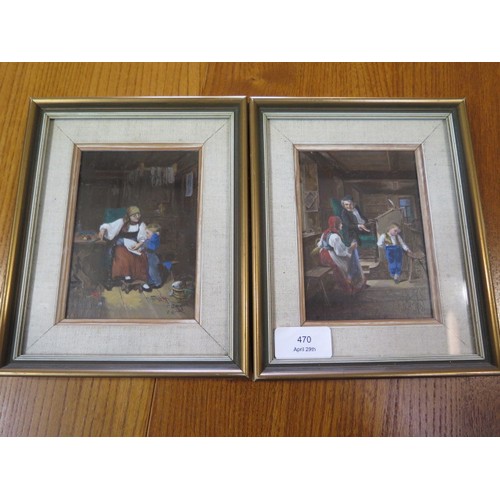 470 - A pair of highlighted oil on print on panel interiors signed E GIRARDET, E Caosnier verso Tuveux Ly ... 