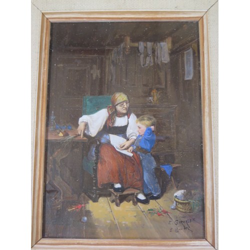 470 - A pair of highlighted oil on print on panel interiors signed E GIRARDET, E Caosnier verso Tuveux Ly ... 