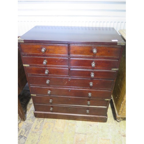 586 - A mahogany bank of 10 drawers with brass fittings - Width 73cm x Height 85cm