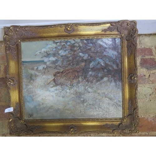 451 - An oil on canvas of a Snipe in a gilt frame - size 54cm x 64cm - initialled bottom left