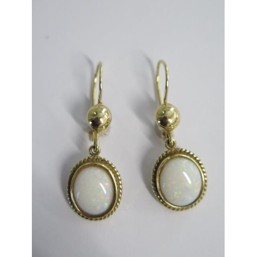 53 - A pair of drop cabochon opal earrings in 18ct gold with safety wires - approx weight 8.9 grams - opa... 