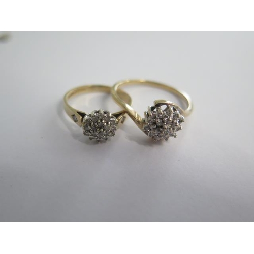 55 - Two 9ct yellow gold diamond cluster rings sizes S and J/K - total weight approx 4.5 grams - both goo... 