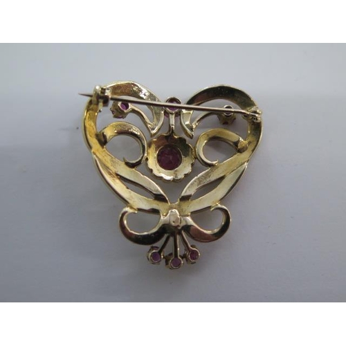 72 - An 18ct Yellow Gold (Tested) Art Nouveau Style Ruby and Pearl Brooch, Size Approx. 35mms x 35mms - g... 