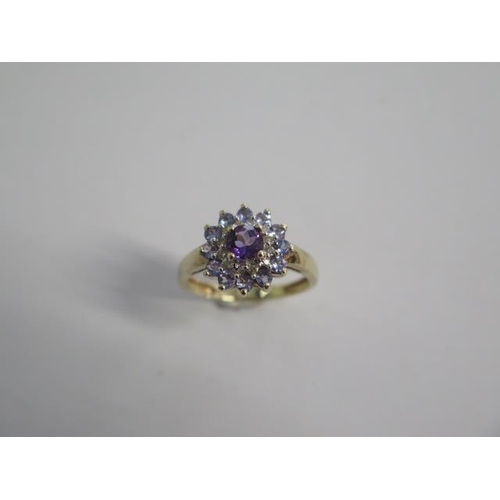 52 - A 9ct Yellow Gold Amethyst Diamond and Aquamarine Ring, Head Size approx. 13mms Diameter, Ring Size ... 