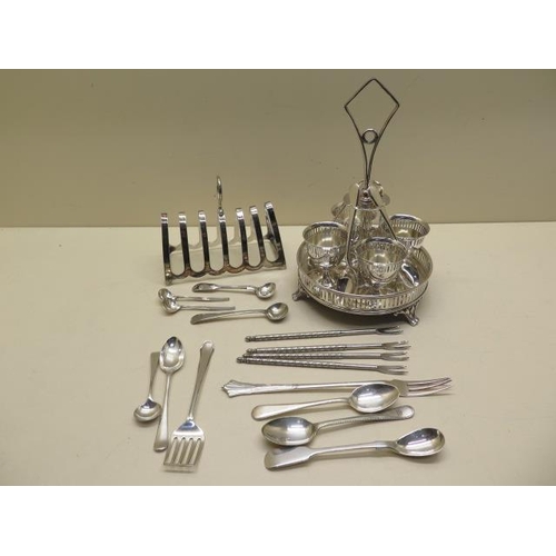 230 - A plated toast rack, plated egg set and assorted plated flatware