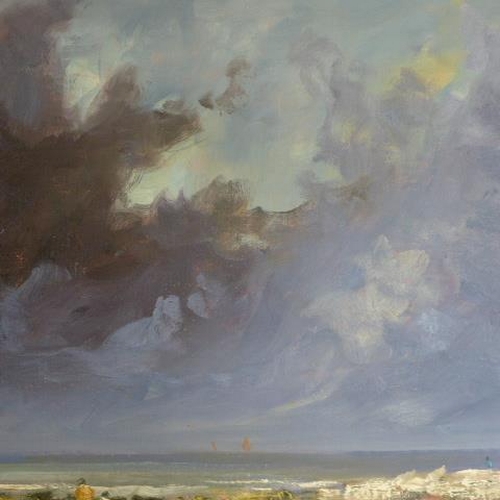 535 - John Rohda - Oil on board, unframed - Hunstanton cliffs and sea - 50cm x 76cm