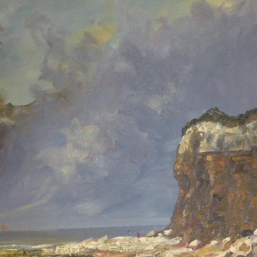 535 - John Rohda - Oil on board, unframed - Hunstanton cliffs and sea - 50cm x 76cm