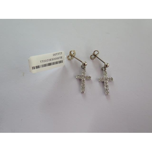 104 - A pair of 18ct white gold diamond cross drop earrings - 2cm long - approx weight 2 grams - RRP £395 ... 