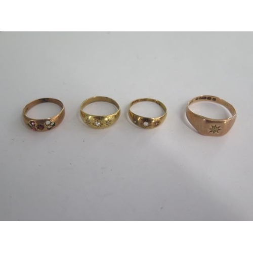 12 - Four 9ct yellow gold rings, stones missing to two - total weight approx 12.2 grams