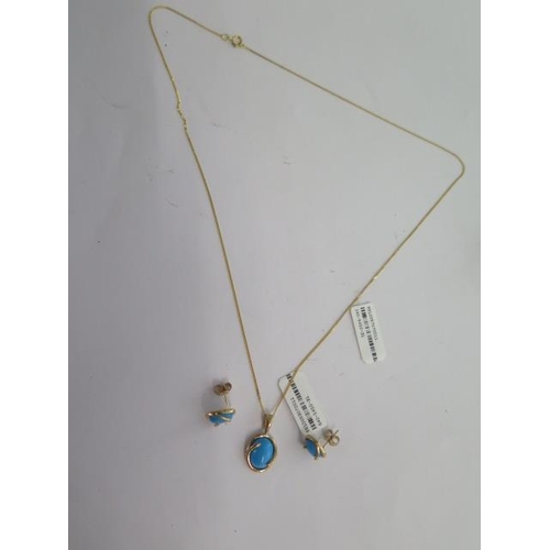 120 - A 9ct yellow gold turquoise pendant and a pair of 9ct yellow gold turquoise stud earrings - total we... 