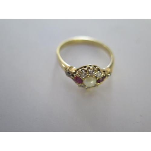 18 - A very pretty 18ct yellow gold diamond, garnet and pearl ring size Q - approx weight 3 grams - sligh... 