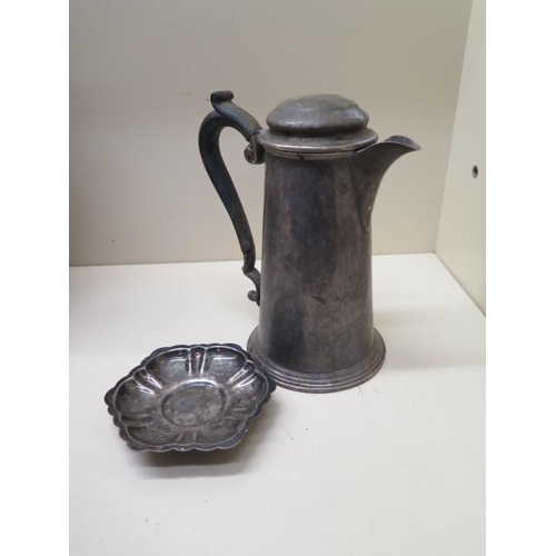 203 - A silver lidded jug - Height 18cm - and a silver dish - total approx weight 14 troy oz