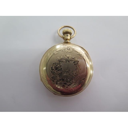 287 - An Elgin gold plated top wind open face pocket watch - 50mm case - runs but stops, possibly overwoun... 