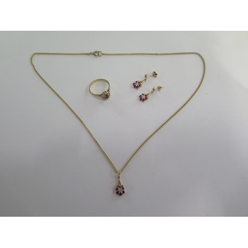 35 - A matched 9ct ring/earrings and gilt pendant on a 46cm chain - ring size N - total weight approx 8.4... 