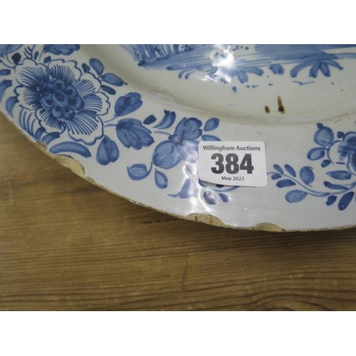 384 - A 19th century blue and white Chinese charger - 38cm diameter - repaired crack and chips to rim, col... 