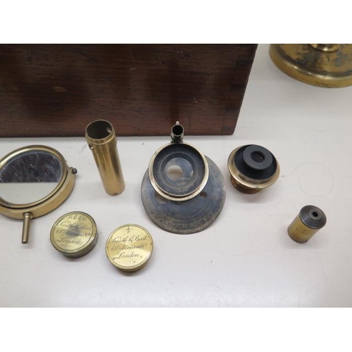 385 - A Victorian brass microscope by J Cooke York with mahogany box and assorted fittings