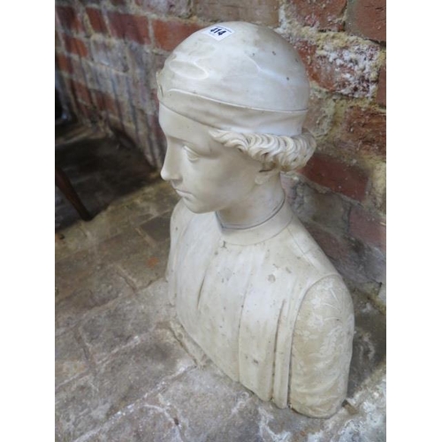 414 - A carved white marble bust of a young man wearing a cap and buttoned shirt with embroidered sleeves ... 