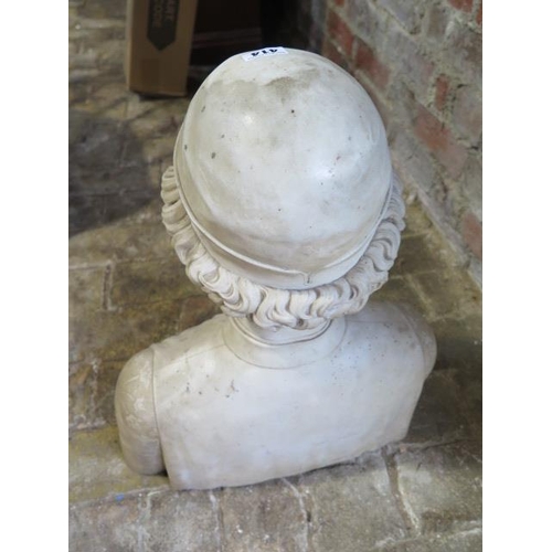 414 - A carved white marble bust of a young man wearing a cap and buttoned shirt with embroidered sleeves ... 