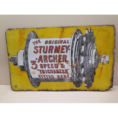 419 - A Sturmey Archer 3 speed and Tricoaster Fitted Here double sided enamel sign - 33cm x 53cm - missing... 