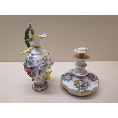 420 - A Spode Felspar floral encrusted ewer - Height 16cm - a porcelain scent bottle - both with some peta... 