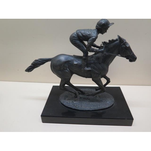 440 - A bronze Jockey on horseback entitled Champion Finish signed David Cornell 1985 - Height 20cm - in g... 