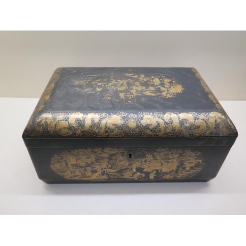 605 - An Oriental gilt lacquered tea caddy with decorated pewter type two section interior - Height 16cm x... 