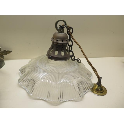 647 - A pair of brass wall lights with shades, a ceiling lamp with shade and a hall lantern lamp with glas... 