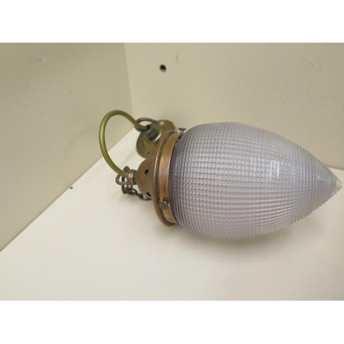 647 - A pair of brass wall lights with shades, a ceiling lamp with shade and a hall lantern lamp with glas... 