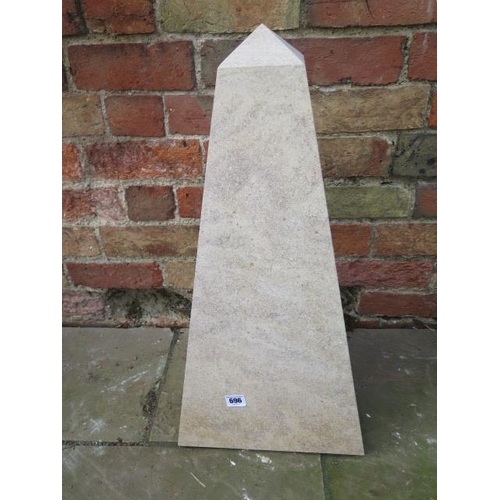 696 - A hand carved natural limestone obelisk - 30cm x 22cm x 64cm tall