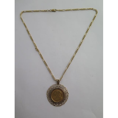 A Victorian gold full sovereign dated 1900 in a 9ct pendant mount on a 44cm chain - total weight approx 15.8 grams