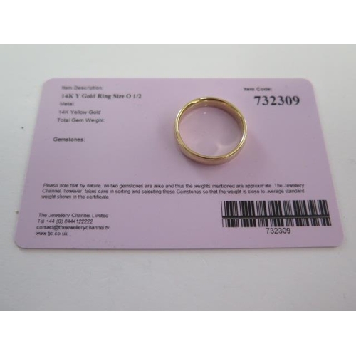 92 - A 14ct yellow gold band ring size P - approx weight 1.6 grams - with certificate - good condition